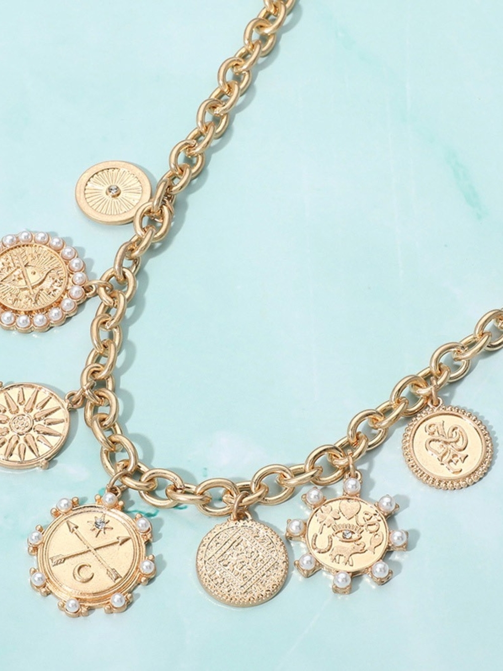 Gold-Tone Charm Coin Necklace with Pearl Accents